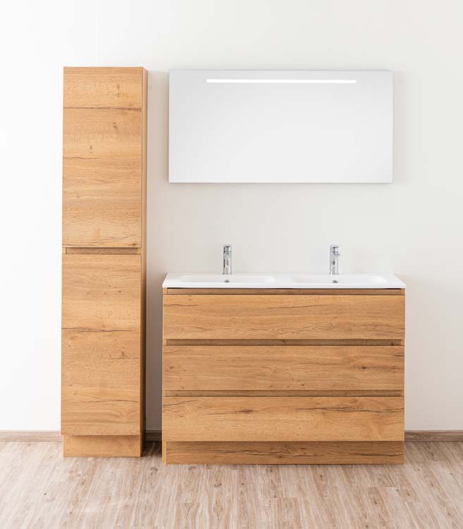 Badkamermeubel Daria eik goudbruin staand met dubbele wastafel mat wit 120cm
