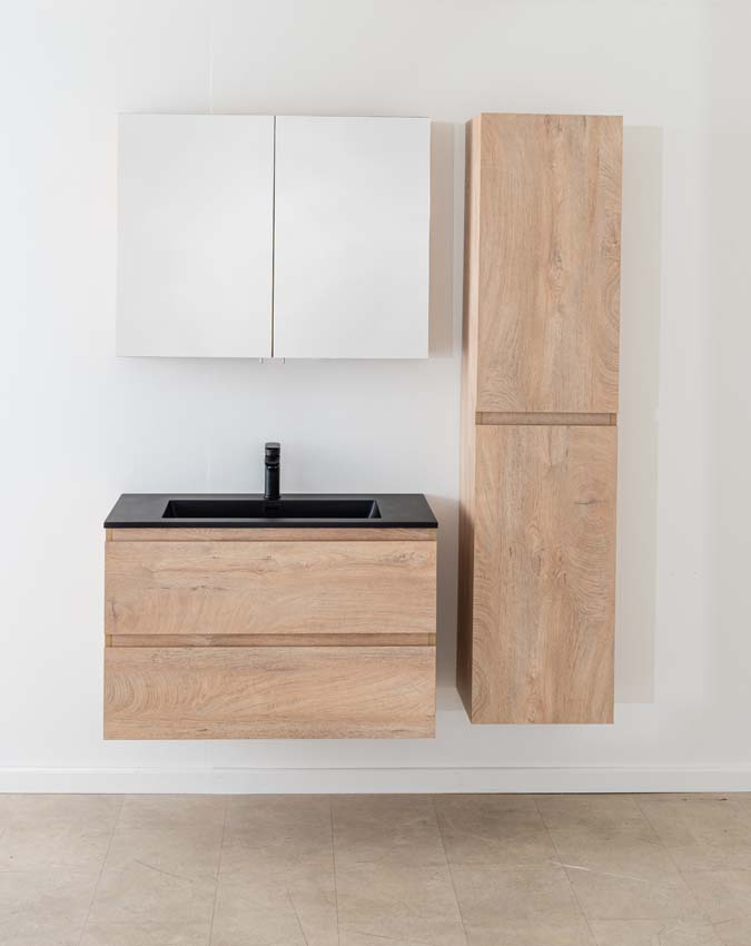 Meuble de salle de bain Tibo en chêne méditerranéen avec lavabo simple blanc noir 90cm