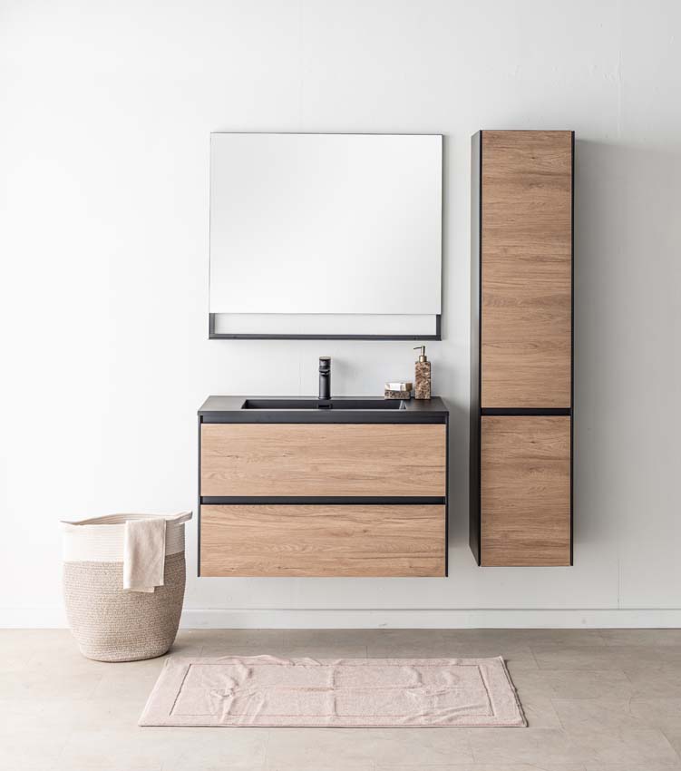 Badkamermeubel Molly houtlook hangend met enkele wastafel mat zwart 90cm Badkamermeubel Molly houtlook hangend met enkele wastafel mat zwart 90cm