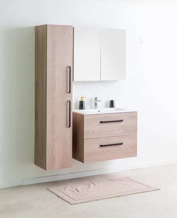 Badkamermeubel Bison eik hangend met enkele wastafel mat wit 80cm