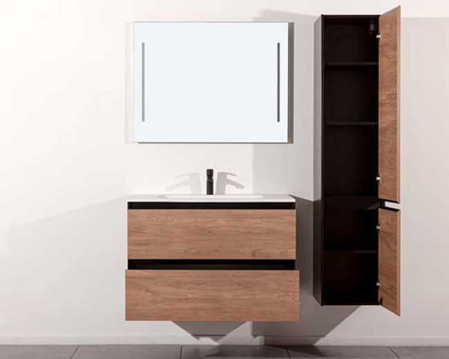 Badkamermeubel Molly houtlook hangend met enkele wastafel glanzend wit 90cm