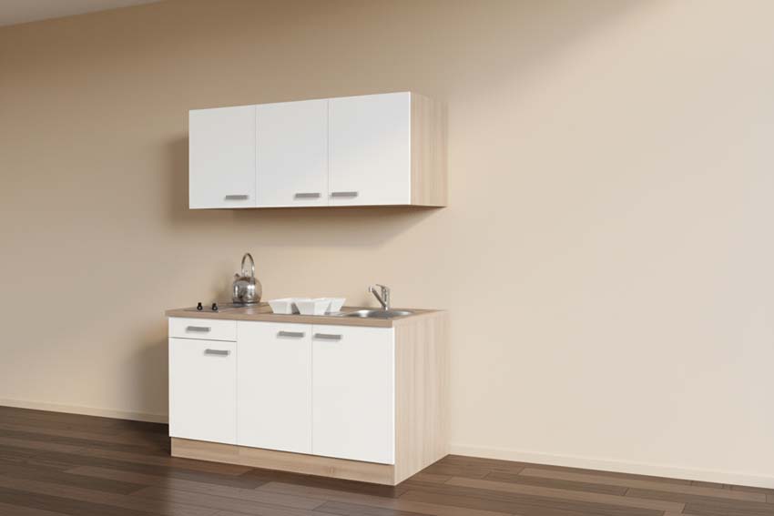 Cuisine étudiant blanc/chêne clair 150cm - plaque de cuisson en inox - sans appareils