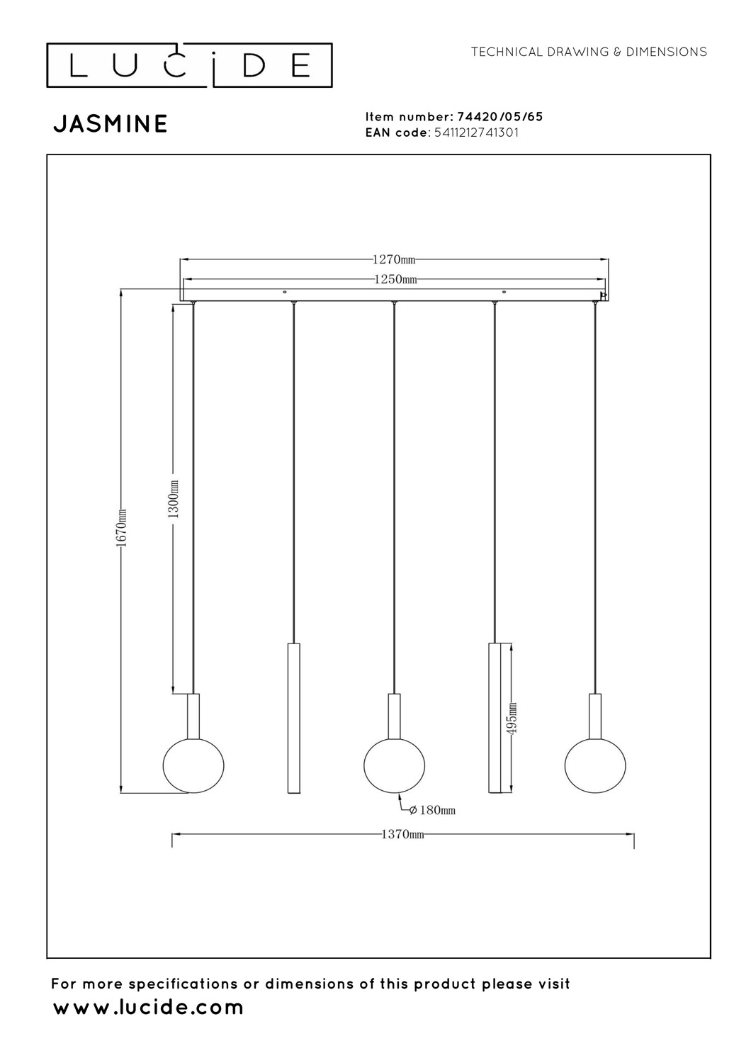 Lucide Premium Jasmine - Suspension - LED Dim. - CCT - 5X4W 2200K/3300K - Cuivre