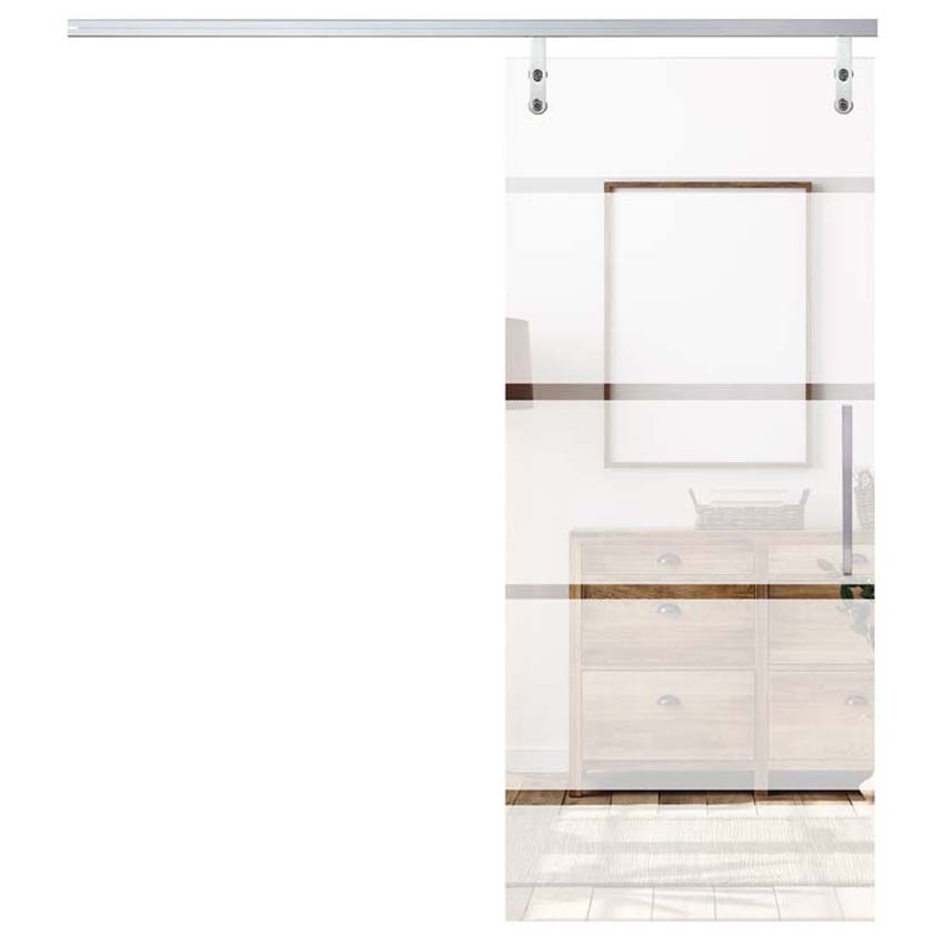 Porte coulissante vitrée complète Skyline Dusk mat + 4 lignes transparentes 83x215cm poignée carrée inox + rail aluminium