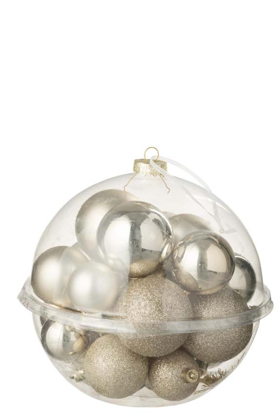 Boules de Noël argentées dans boule transparente 20x20x20cm