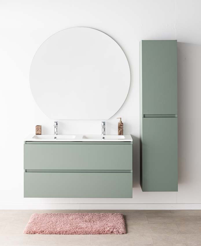 Meuble de salle de bain Dotan eucalyptus vert avec double lavabo blanc brillant 120cm