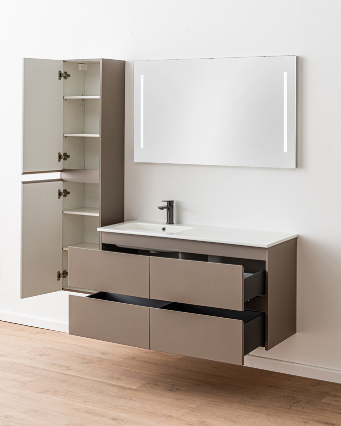 Meuble de salle de bains Trente taupe avec lavabo simple blanc brillant 120cm