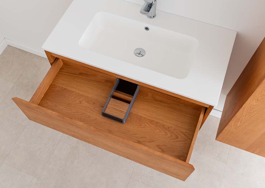 Meuble de salle de bain Fior chêne suspendu avec vasque simple blanc brillant 90cm