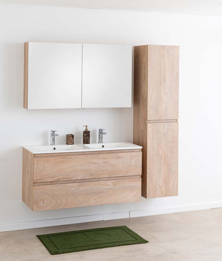 Meuble de salle de bain Tibo en chêne méditerranéen avec double lavabo blanc brillant 120cm
