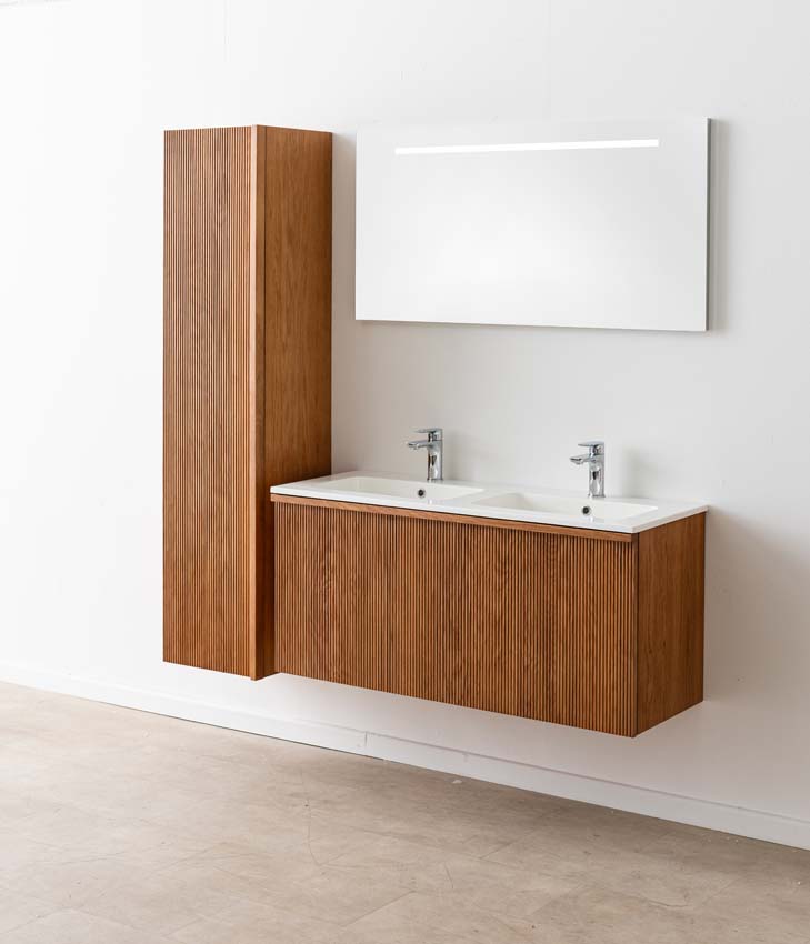 Meuble de salle de bain Fae chêne suspendu avec double lavabo blanc brillant 120cm
