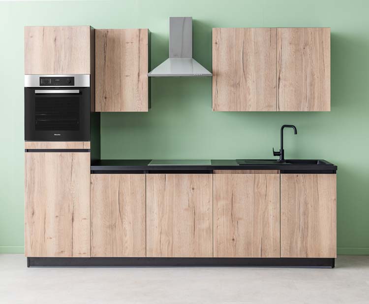 Cuisine Plenti noir/aspect bois 280cm - hotte murale en inox - sans appareils