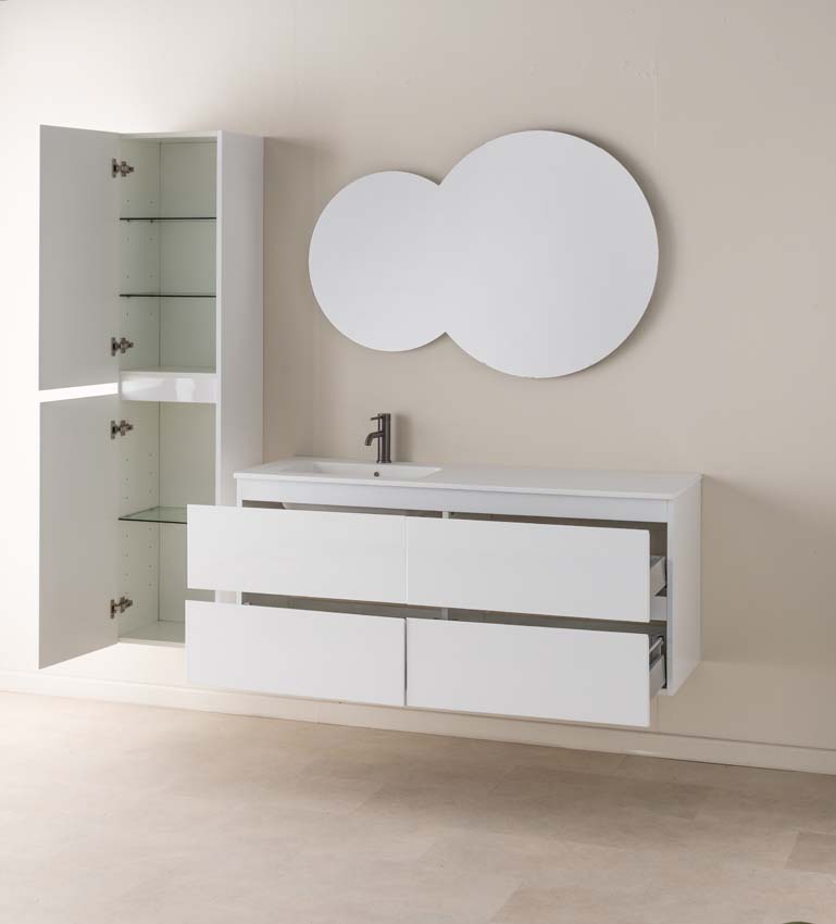 Meuble de salle de bains Tibo blanc suspendu avec lavabo simple à gauche blanc mat 140cm