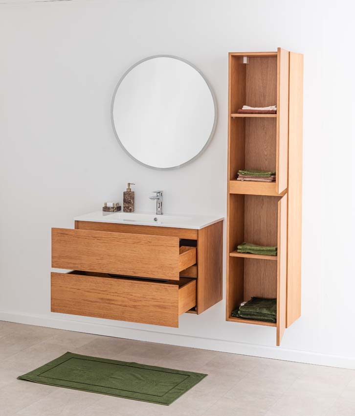 Meuble de salle de bain Fior chêne suspendu avec vasque simple blanc brillant 90cm