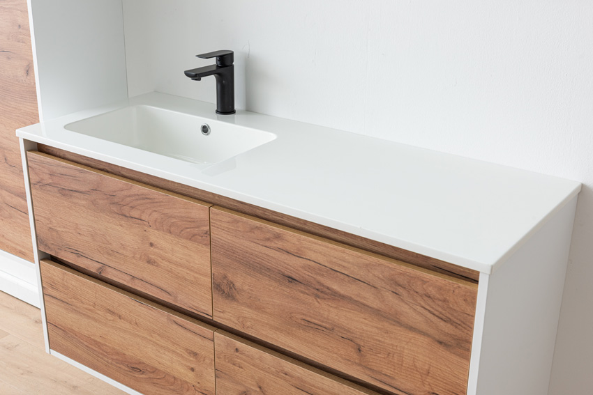 Meuble de salle de bains Treviso chêne/blanc avec lavabo simple blanc brillant 120cm