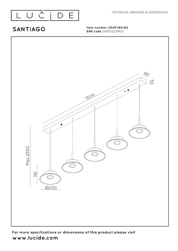 Lucide Premium Santiago - Suspension - LED dimmable - CCT - 5x10W 2700K/4000K - Ambré