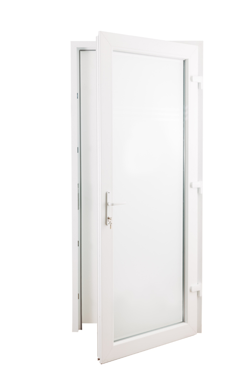 Porte extérieure 3 lignes claires PVC verre mat blanc 980x2180mm ouvrant à droite