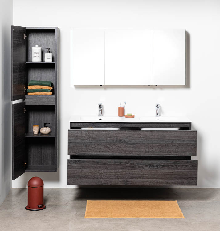Meuble de salle de bain Dotan chêne foncé 1400 mm 2 lavabo mat