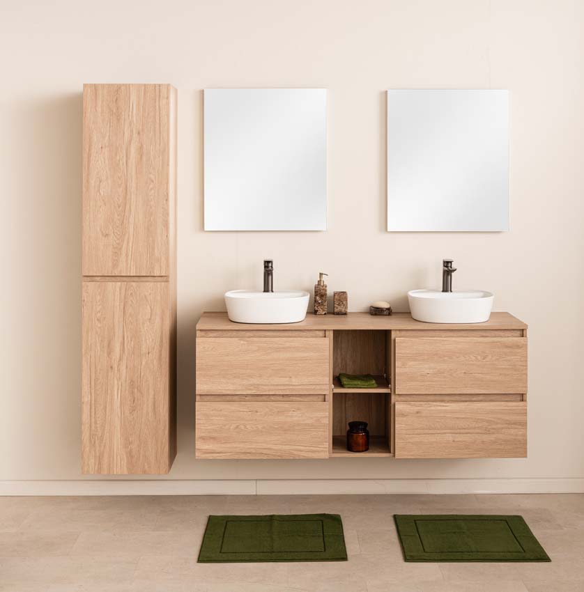 Meuble de salle de bain Bella aspect chêne 1500 mm lavabo double blanc avec  trous pour robinets