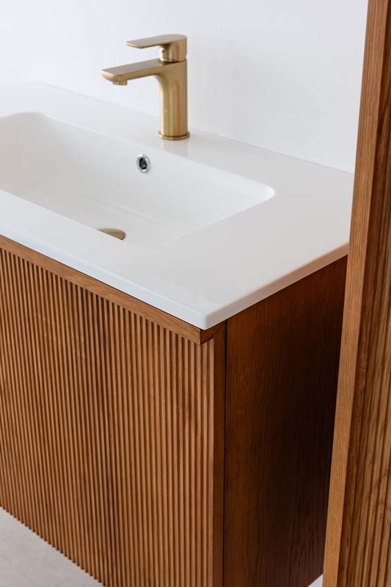 Badkamermeubel Fae eik hangend met enkele wastafel glanzend wit 90cm