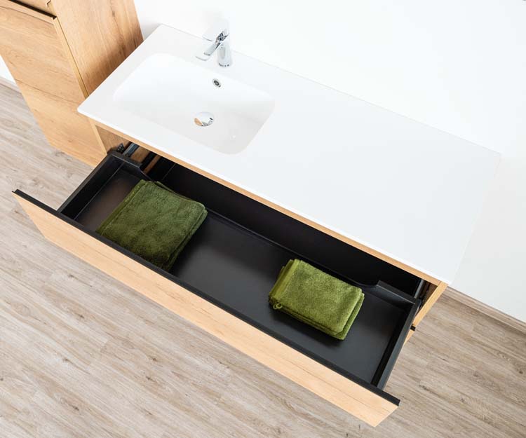 Meuble de salle de bains Daria chêne brun doré suspendu avec lavabo simple à gauche blanc brillant 120cm