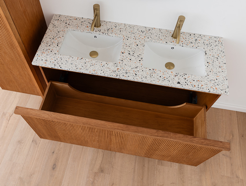 Meuble de salle de bains Fae chêne suspendu avec double lavabo terrazzo 120cm