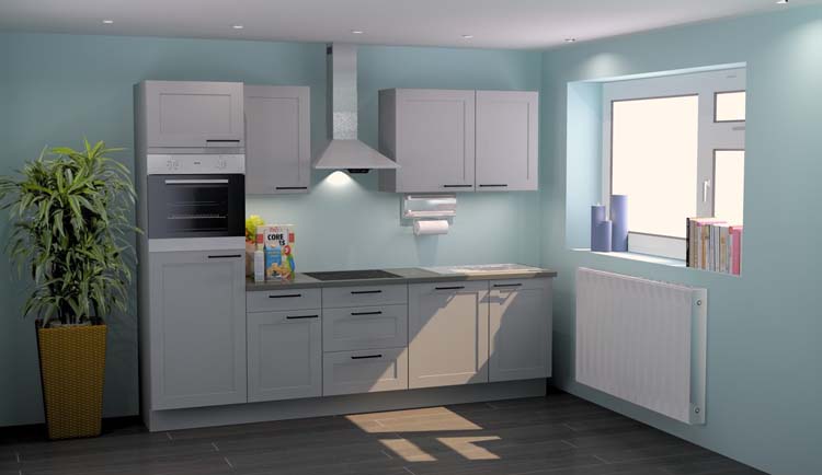 Cuisine Premium 4A grise 280cm - pré-montée - avec appareils - plaque de cuisson vitrocéramique et hotte murale en inox