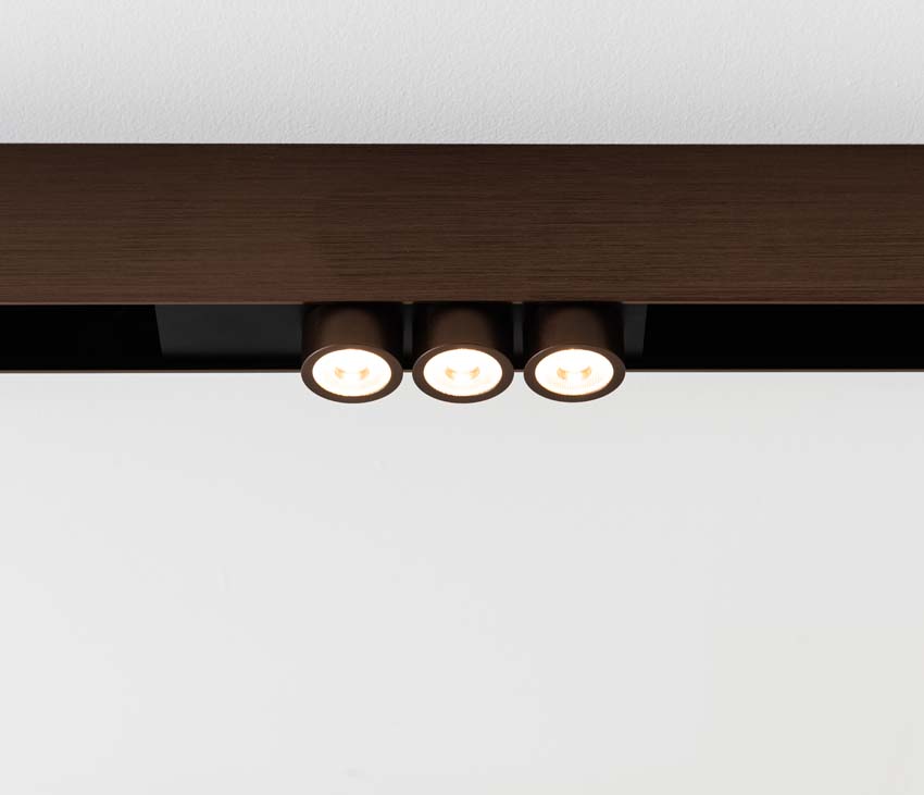 Rail lumineux Design Béa bronze brossé - 1,8m - 3 spots & 3 anneaux