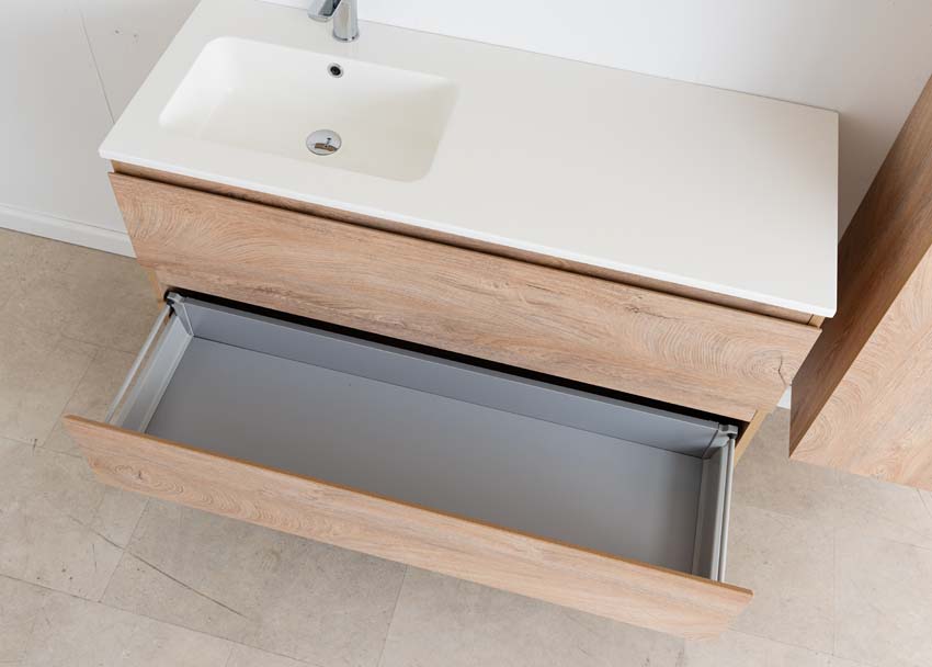 Meuble de salle de bain Tibo en chêne méditerranéen avec vasque simple blanc brillant 120cm