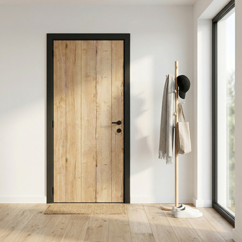 Porte intérieure complète Realwood Oak nervuré 201,5x68cm tubulaire réversible + châssis noir 16,5cm