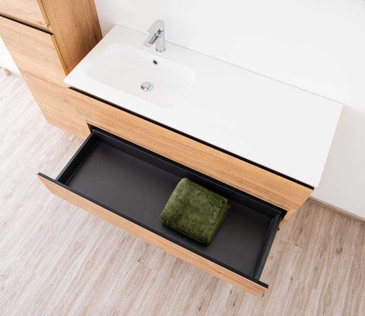 Meuble de salle de bain Daria chêne brun doré 1200 mm sur pied lavabo brillant gauche