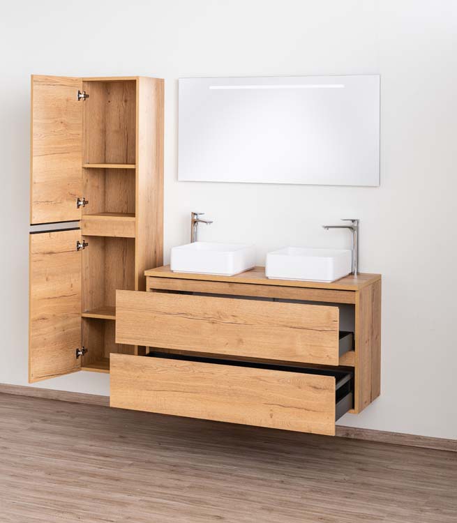 Badkamermeubel Daria eik goudbruin hangend met melamine topblad 120cm