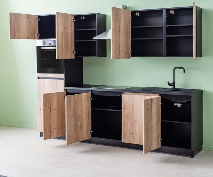 Cuisine Plenti noir/aspect bois 280cm - hotte murale en inox - sans appareils