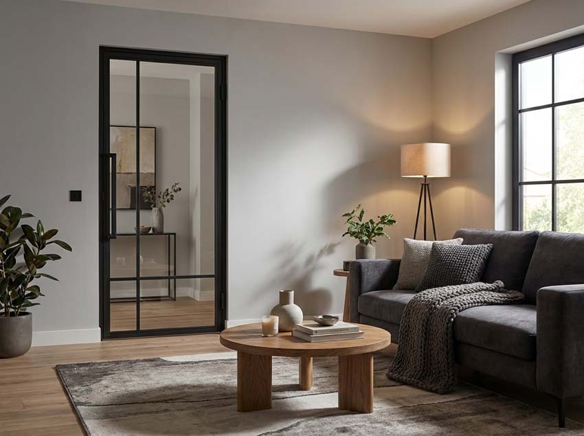 Porte intérieure simple en acier Tara noir 4V poussant à droite sur mesure