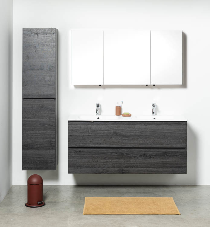 Meuble de salle de bain Dotan chêne foncé 1400 mm 2 lavabo mat