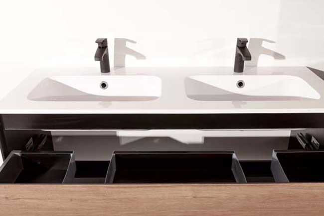Meuble de salle de bains Molly aspect bois suspendu avec lavabo double blanc mat 120cm