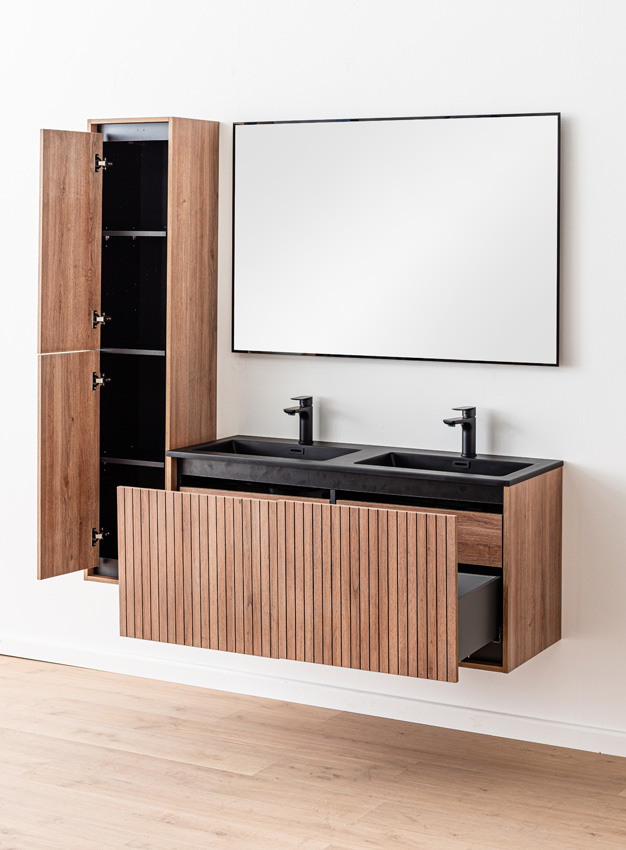 Meuble de salle de bains Toledo chêne/noir avce double lavabo noir mat 120cm