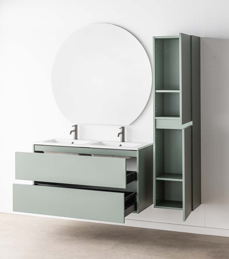 Meuble de salle de bain Dotan eucalyptus vert avec double lavabo blanc mat 120cm