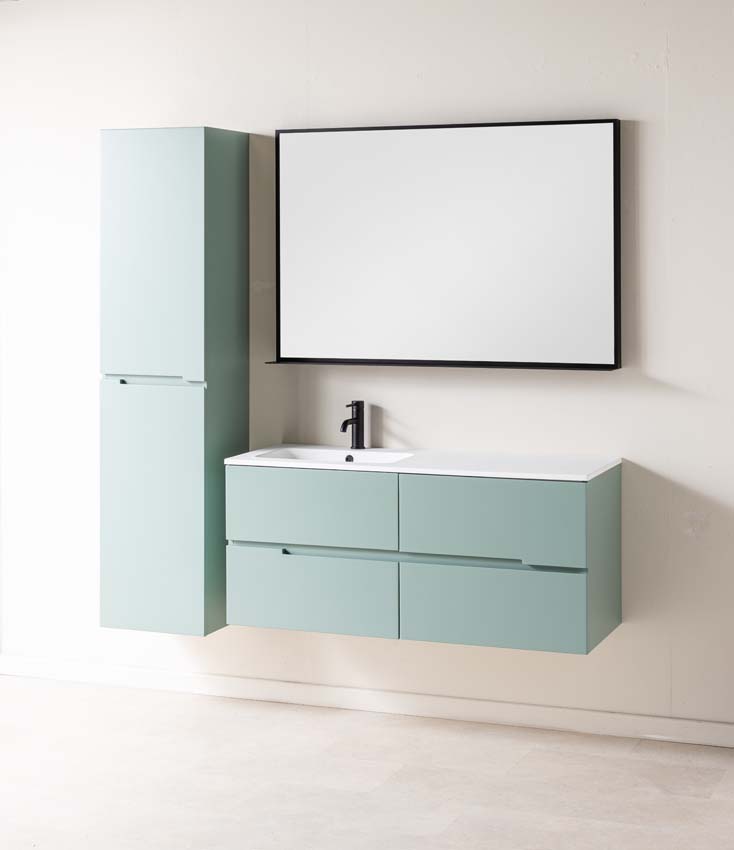 Meuble de salle de bains Truman vert gris suspendu avec lavabo simple à gauche blanc mat 120cm