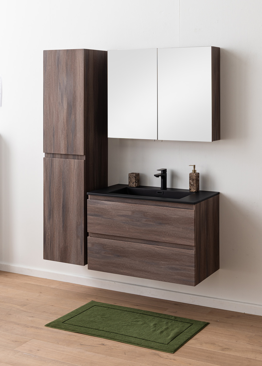 Meuble de salle de bains Tarik chêne ambré suspendu avec vasque simple noir mat 90cm