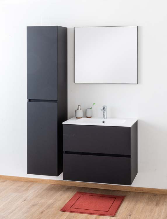 Meuble de salle de bains Puro noir mat suspendu avec lavabo simple blanc brillant 80cm