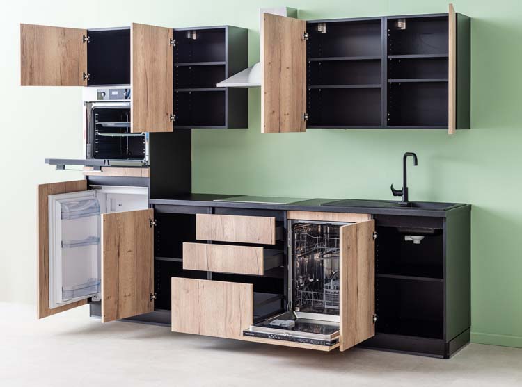 Cuisine Plenti noire/aspect bois 280cm - tiroirs - sans appareils