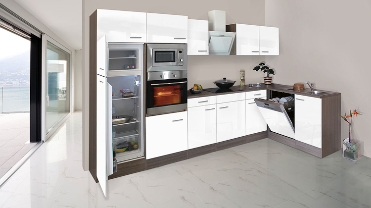 Hoekkeuken wit/eik donker 340x172cm - met toestellen - vitrokeramische kookplaat en witte wanddampkap