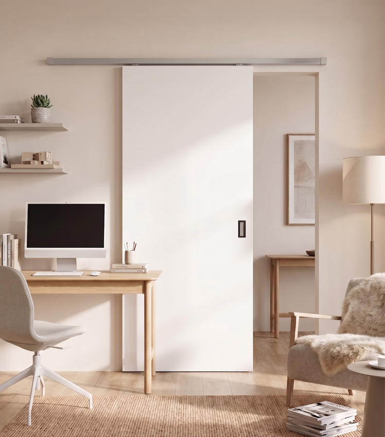 Porte coulissante simple à peindre complète 93x211,5cm tubulaire + rail acier inoxydable