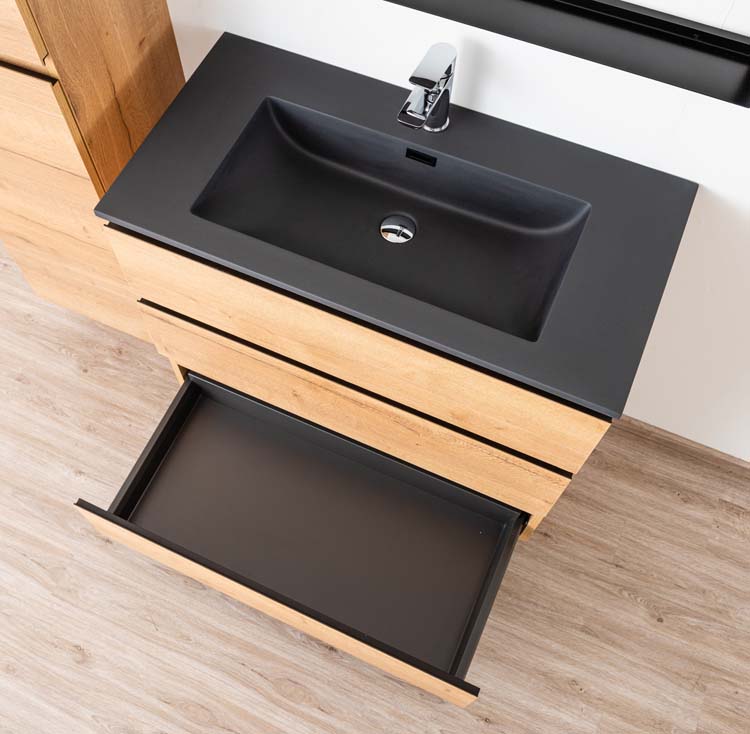 Badmeubel Daria eik goudbruin 900 mm staand wastafel zwart mat Badmeubel Daria eik goudbruin 900 mm staand wastafel zwart mat