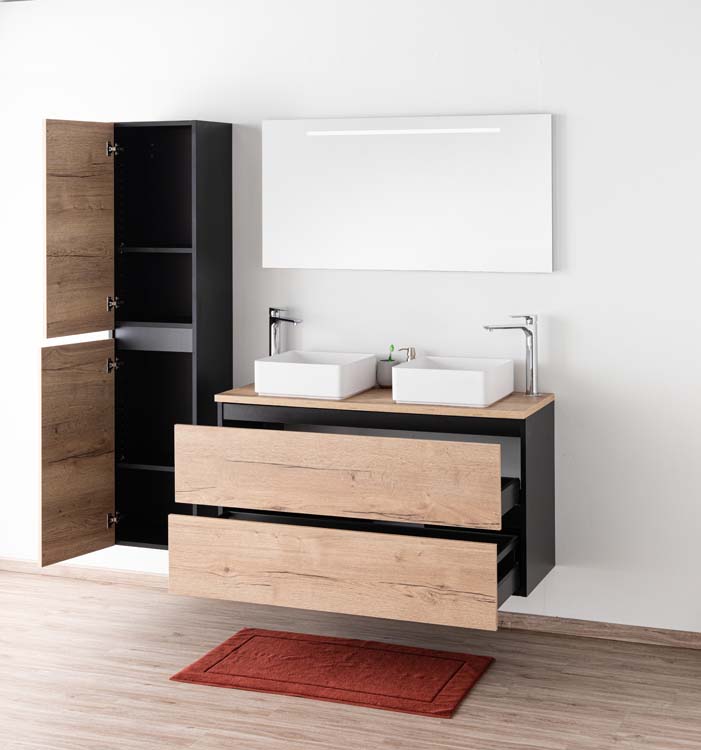 Meuble de salle de bain Dotan chêne/noir 1200 mm tablette en saillie melamine Meuble de salle de bain Dotan chêne/noir 1200 mm tablette en saillie melamine