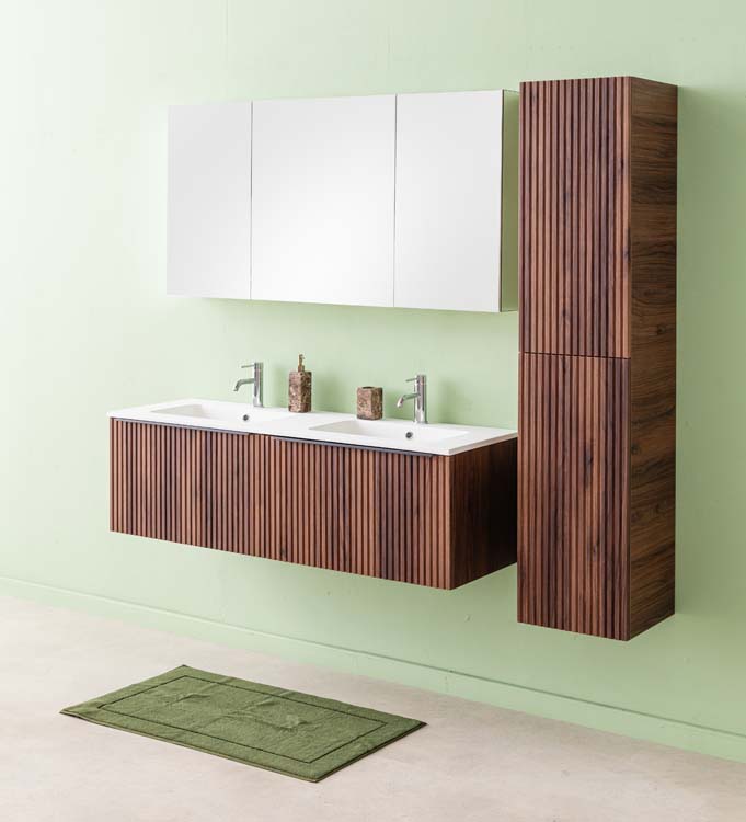 Meuble de salle de bains Soetkin noyer suspendu avec lavabo double blanc mat 140cm