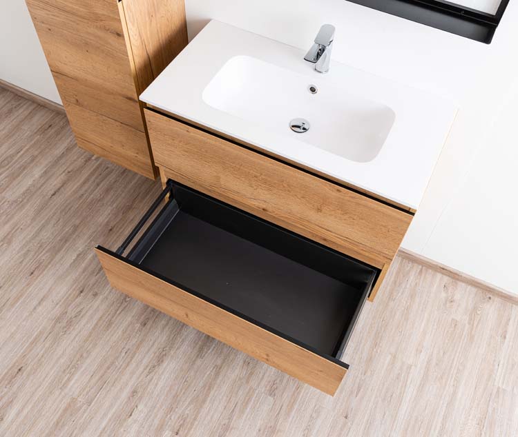 Meuble de salle de bains Daria chêne brun doré suspendu avec lavabo simple blanc brillant 90cm Meuble de salle de bains Daria chêne brun doré suspendu avec lavabo simple blanc brillant 90cm