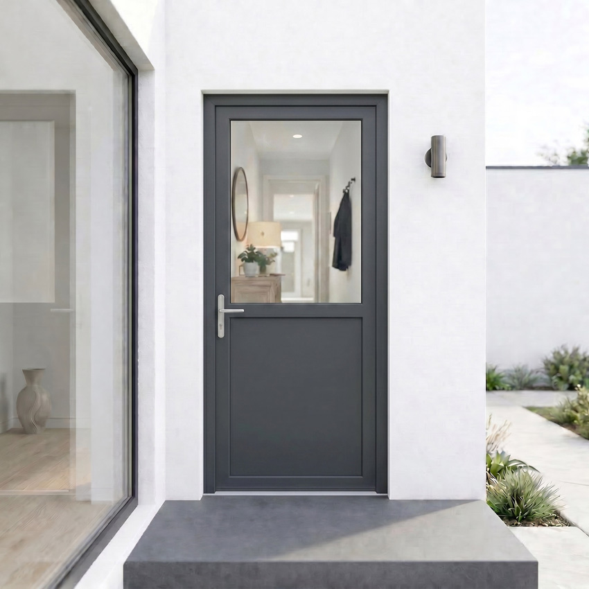 Porte extérieure semi-vitrée PVC verre triple vitrage clair anthracite/blanc ouvrant à gauche sur mesure