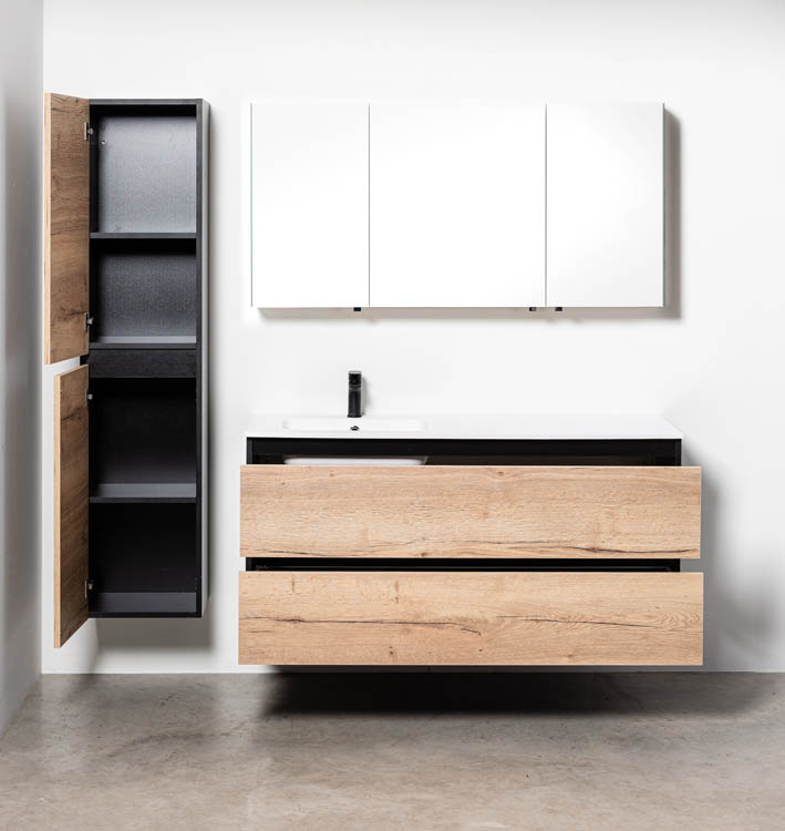 Meuble de salle de bain Dotan chêne/noir 1400 mm lavabo mat gauche