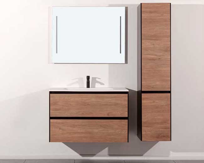 Badkamermeubel Molly houtlook hangend met enkele wastafel glanzend wit 90cm